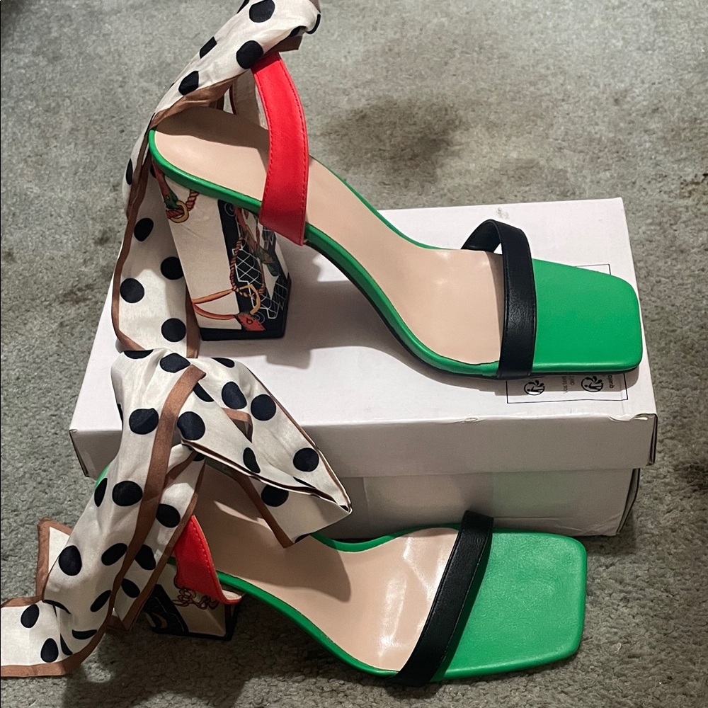 Stylish Green and Red Women's Heels new in box never worn